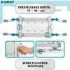 Diagram showing how to adjust the width of a bath seat and how to assemble it without tools. Náhled obrázku produktu