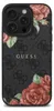 A close-up view of a black iPhone case with a floral print and the Guess logo. Náhled obrázku produktu