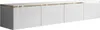 A long, white, glossy TV cabinet with gold trim along the top edge and five doors. Náhľad obrázku produktu