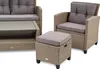 A set of outdoor furniture including a sofa, armchair, ottoman, and coffee table, all made of polyrattan. Produktbild-Vorschau
