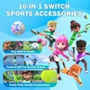 A collage of cartoon characters playing various sports with text overlays describing the product. Produktbild-Vorschau