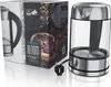 A product shot featuring a glass electric kettle and its packaging. Podgląd zdjęcia produktu
