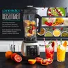 A blender is shown in the foreground with various food and drink items in the background, suggesting its versatility. Produktbild-Vorschau