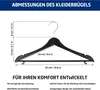 Diagram showing the dimensions of a black clothes hanger against a white background, with German text describing its features. Produktbild-Vorschau