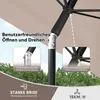 Close-up of an umbrella mechanism with descriptive text and inset images highlighting features. Produktbild-Vorschau