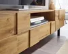 Lowboard Eiche-Dekor mit geöffneten Türen und Stauraum für Bücher, Gesamtansicht von vorne. Voir les images du produit