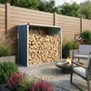 An outdoor patio scene with a firewood storage unit filled with logs, a fire pit, and seating. Podgląd zdjęcia produktu