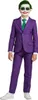 A child dressed as the Joker in a purple pinstripe suit, white shirt, and green tie, standing against a white background. Produktbild-Vorschau
