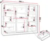 A diagram showing the dimensions of a wardrobe with multiple compartments and drawers. Produktbild-Vorschau