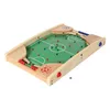 A wooden tabletop soccer game with green playing field, red and blue player pieces, and a silver ball. Produktbild-Vorschau