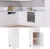 A modern white kitchen with cabinets, a dishwasher, and an oven. Below are two separate images of a white cabinet with drawers and shelves. Voir les images du produit