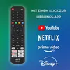 A remote control is shown next to logos of popular streaming services, with German text indicating quick access to favorite apps. Produktbild-Vorschau