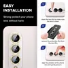 The image shows instructions for installing a phone lens protector, with a close-up of the phone's camera lenses on the left and step-by-step diagrams on the right. Náhled obrázku produktu