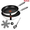 A set of Tefal cookware, including a wok and a frying pan, along with a spatula and a protective mat, presented against a white background. Produktbild-Vorschau