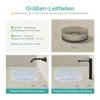 A collage of images showing a round glass sink, dimensions, and installation guidance for faucets. Produktbild-Vorschau
