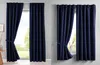 A split image showing two identical navy blue curtains, one tied back and the other closed, displayed in different room settings. Produktbild-Vorschau