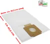 A white vacuum cleaner bag with dimensions indicated by red arrows and text. Produktbild-Vorschau