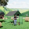 A person is tending to chickens and ducks in a fenced enclosure in a rural setting with rolling green hills and hay bales. Náhled obrázku produktu