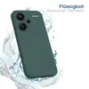 A dark green phone case is shown with water splashing around it, suggesting water resistance. Produktbild-Vorschau