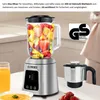 A blender with fruit in the jug, a glass of juice, and a bowl of soup on a table. Voir les images du produit
