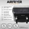 A promotional image for an air fryer, showing the product on the right and key features listed on the left, along with three circular icons highlighting benefits. Anteprima dell’immagine prodotto