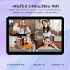 A tablet screen displaying a video call with multiple people, with marketing text above and feature icons below. Produktbild-Vorschau