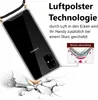 A clear phone case with a lanyard is shown falling onto a cracked surface, illustrating its shock-absorbing technology. Produktbild-Vorschau