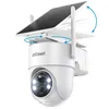 A white ieGeek solar-powered security camera with a solar panel angled upwards. Produktbild-Vorschau
