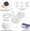A white 4-in-1 charging station with an Apple Watch, AirPods, and iPhone shown as examples of compatible devices. Produktbild-Vorschau
