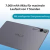 The back of a gray tablet is shown with text overlays describing its features. Produktbild-Vorschau