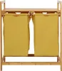 A front view of a bamboo laundry hamper with two yellow fabric bags. Produktbild-Vorschau