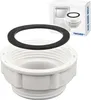 A white plastic plumbing adapter with a black rubber gasket in front of a product box. Produktbild-Vorschau