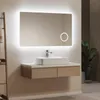 A modern bathroom vanity with a large LED mirror above a rectangular sink and wooden drawers. Náhled obrázku produktu