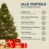 A decorated artificial Christmas tree with presents underneath, accompanied by a list of product advantages. Produktbild-Vorschau