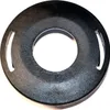 A black circular object with a hole in the center and two curved slots on the outer edge, isolated on a white background. Produktbild-Vorschau