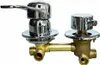 A chrome and brass faucet assembly with two controls and a lever. Produktbild-Vorschau