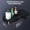 A black shower fixture with a glass shelf holding three bottles of soap or lotion, set against a dark gray background. Dimensions are indicated by red lines and text. Náhľad obrázku produktu