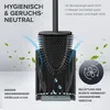 A black toilet brush and holder with features highlighted by text and graphics. Produktbild-Vorschau