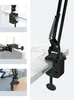 Collage of images showing a black flexible arm desk clamp mount attached to different surfaces. Podgląd zdjęcia produktu