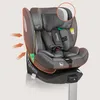 A gray child car seat with safety features highlighted by orange arrows and a circle. Produktbild-Vorschau