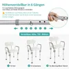 Diagram showing height adjustment and different height settings for a shower chair, with three examples of the chair at different heights. Produktbild-Vorschau