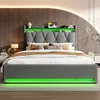 A modern bedroom with a grey upholstered bed featuring LED lighting. Produktbild-Vorschau
