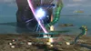 A scene from a video game, showing characters battling a large green serpent-like creature in a watery environment. Produktbild-Vorschau