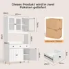 A diagram showing the dimensions and packaging of a white sideboard with glass doors. Náhled obrázku produktu
