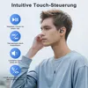 A young man wearing earbuds, with icons and text explaining the touch controls. Produktbild-Vorschau