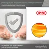 Hands holding a shield with a checkmark, with marketing text and an IP20 rating. Produktbild-Vorschau