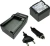 A camera battery, charger, and cables are arranged on a white background. Produktbild-Vorschau