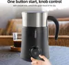 A milk frother is shown in use with a hand pressing a button, next to a glass of coffee. Produktbild-Vorschau