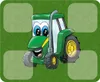 A cartoon tractor with a friendly face is shown on a green background with a subtle pattern of farm equipment. Produktbild-Vorschau
