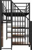 A side view of a black metal bunk bed with wooden shelves and a built-in wardrobe. Voir les images du produit